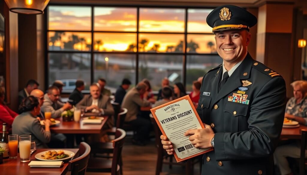 A warm and inviting scene at Bonefish Grill Weston, featuring a tasteful display of a veterans' discount promotion. In the foreground, a well-dressed service member in business attire stands proudly, holding a menu with a warm smile, surrounded by a diverse group of fellow veterans and families enjoying their meals, all wearing modest and respectful clothing. The middle ground showcases a cozy dining area, with elegant wooden tables and delightful seafood dishes being served. In the background, large windows reveal a sunset filled with golden and orange hues, creating a festive and supportive atmosphere. Soft, ambient lighting enhances the welcoming vibe, inviting viewers to feel the honor and camaraderie among those serving and celebrating the veterans. The image conveys gratitude and recognition for military service, focusing on inclusivity and appreciation.