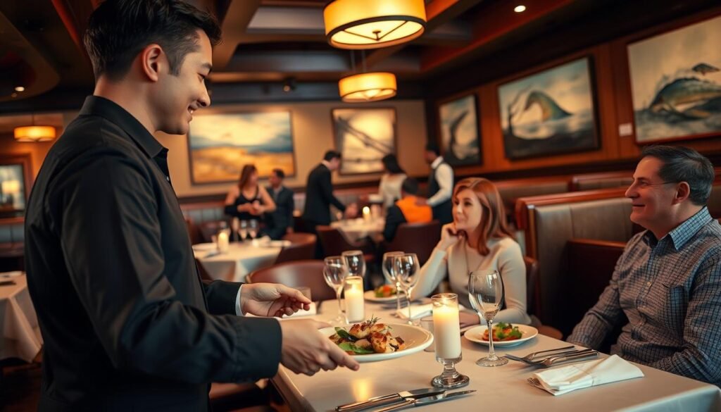 A welcoming Bonefish Grill dining environment showcasing exemplary service standards. In the foreground, a server wearing smart casual attire is attentively serving a beautifully plated seafood dish to a couple at a well-set table, complete with elegant tableware and flickering candlelight. In the middle ground, other diners engage with staff, illustrating positive interactions and attentive service. The background features the restaurant’s warm ambiance, with soft lighting that enhances the polished wooden decor and ocean-themed artworks. The overall mood conveys professionalism, warmth, and satisfaction, inviting viewers to appreciate high service standards in a relaxed yet upscale dining atmosphere. The angle should capture the interactions naturally, using a slightly elevated perspective for depth. A welcoming Bonefish Grill dining environment showcasing exemplary service standards. In the foreground, a server wearing smart casual attire is attentively serving a beautifully plated seafood dish to a couple at a well-set table, complete with elegant tableware and flickering candlelight. In the middle ground, other diners engage with staff, illustrating positive interactions and attentive service. The background features the restaurant’s warm ambiance, with soft lighting that enhances the polished wooden decor and ocean-themed artworks. The overall mood conveys professionalism, warmth, and satisfaction, inviting viewers to appreciate high service standards in a relaxed yet upscale dining atmosphere. The angle should capture the interactions naturally, using a slightly elevated perspective for depth.