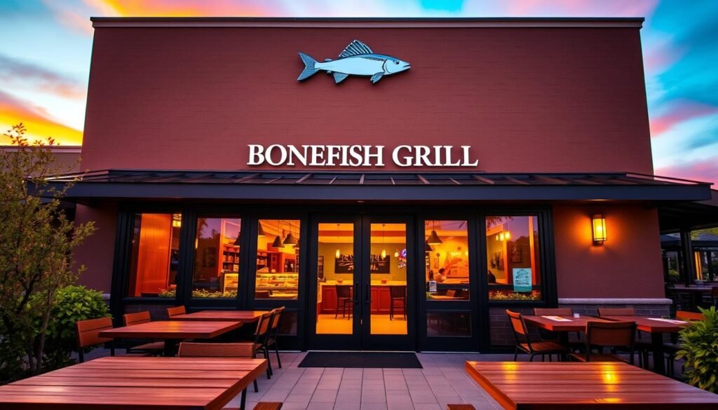 A welcoming Bonefish Grill restaurant exterior during late afternoon golden hour, emphasizing the inviting entrance with its large glass doors and a warm, illuminated interior visible through the windows. The foreground showcases a well-maintained patio area with wooden tables and comfortable seating, adorned with subtle greenery. In the middle ground, the restaurant's iconic logo is subtly present above the entrance. The background features a vibrant sunset sky in soft hues of orange and purple, creating a cozy atmosphere. The scene captures a sense of community and warmth, evoking feelings of relaxation and enjoyment. The lighting is soft and natural, as if inviting patrons to explore the dining experience. The angle is slightly tilted upward, focusing on the establishment's inviting facade without any people present.