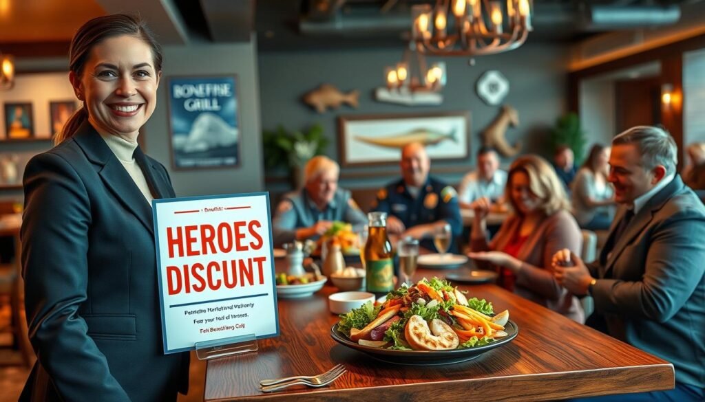 A welcoming scene set in a stylish Bonefish Grill restaurant interior, highlighting a “Heroes Discount” display. In the foreground, a smiling server in professional business attire stands next to a wooden table adorned with a beautifully arranged seafood dish and a vibrant salad. The middle ground features a diverse group of patrons, including veterans and emergency responders enjoying their meals, all dressed in modest casual clothing. In the background, soft warm lighting enhances the cozy ambiance, with tasteful decorations reminiscent of a coastal theme. The atmosphere is filled with a sense of celebration and appreciation for heroes, creating a heartwarming and inviting vibe. The angle captures the interaction between the server and customers, focusing on joy and camaraderie.