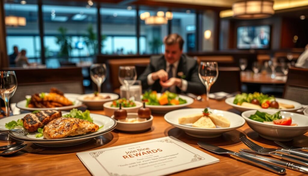A well-designed table set in a modern dining environment, showcasing a variety of delicious dishes typical of Bonefish Grill, such as grilled fish, fresh salads, and specialty appetizers. In the foreground, an elegant menu card displaying a stylized "Join Dine Rewards" invitation, adorned with subtle decorative elements. The middle ground features diners enjoying their meal, depicted in professional casual attire, exuding a warm and inviting atmosphere. The background includes a softly lit restaurant interior with wood accents and tasteful decor, inviting patrons to indulge in a delightful dining experience. The lighting is warm and inviting, creating a cozy mood, with a focus on the dining experience and the rewards message. The image captures a sense of exclusivity and community, perfect for highlighting rewards and special offers in the restaurant. A well-designed table set in a modern dining environment, showcasing a variety of delicious dishes typical of Bonefish Grill, such as grilled fish, fresh salads, and specialty appetizers. In the foreground, an elegant menu card displaying a stylized "Join Dine Rewards" invitation, adorned with subtle decorative elements. The middle ground features diners enjoying their meal, depicted in professional casual attire, exuding a warm and inviting atmosphere. The background includes a softly lit restaurant interior with wood accents and tasteful decor, inviting patrons to indulge in a delightful dining experience. The lighting is warm and inviting, creating a cozy mood, with a focus on the dining experience and the rewards message. The image captures a sense of exclusivity and community, perfect for highlighting rewards and special offers in the restaurant.