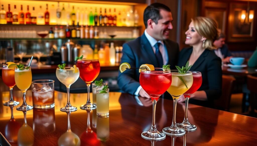 An elegant social hour cocktail scene at Bonefish Grill Newtown Square, featuring a polished wooden bar filled with various colorful cocktails in stylish glasses, adorned with fresh garnishes like citrus slices and herbs. In the foreground, two elegantly dressed individuals in professional business attire are engaged in conversation, their smiles reflecting a pleasant evening atmosphere. The middle ground shows a vibrant selection of drinks along with bar accessories, like cocktail shakers and ice buckets. The background includes soft, warm lighting that casts a cozy ambiance, complementing the bar's sophisticated décor with subtle reflections on glass surfaces. Capture the inviting mood of camaraderie and relaxation, emphasizing the essence of socializing over cocktails. An elegant social hour cocktail scene at Bonefish Grill Newtown Square, featuring a polished wooden bar filled with various colorful cocktails in stylish glasses, adorned with fresh garnishes like citrus slices and herbs. In the foreground, two elegantly dressed individuals in professional business attire are engaged in conversation, their smiles reflecting a pleasant evening atmosphere. The middle ground shows a vibrant selection of drinks along with bar accessories, like cocktail shakers and ice buckets. The background includes soft, warm lighting that casts a cozy ambiance, complementing the bar's sophisticated décor with subtle reflections on glass surfaces. Capture the inviting mood of camaraderie and relaxation, emphasizing the essence of socializing over cocktails.