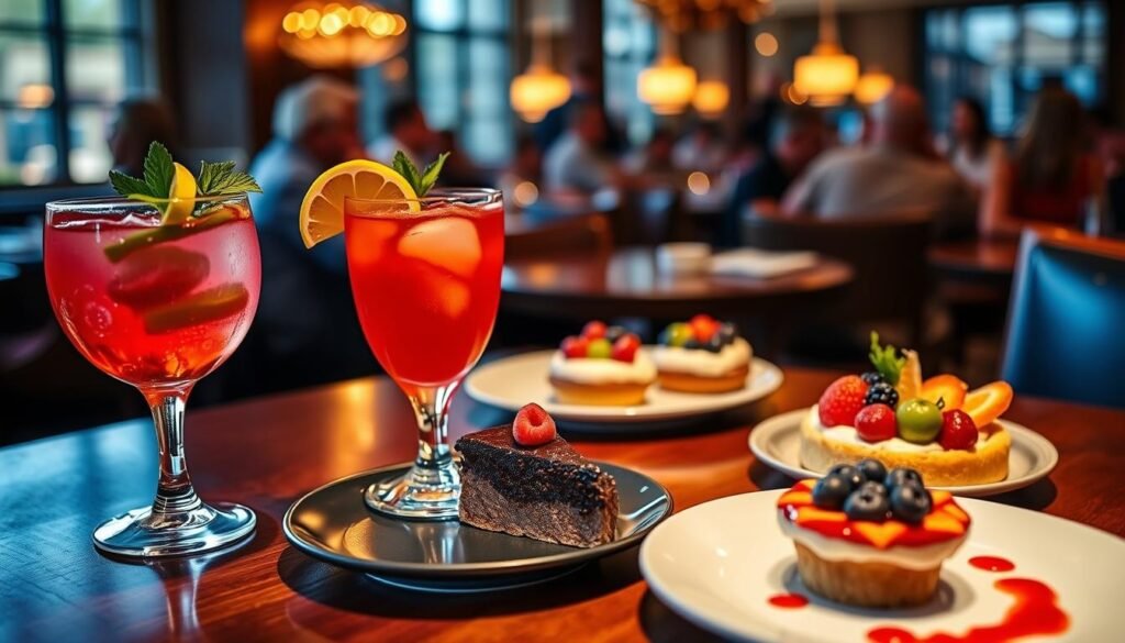 An elegant table set for two at Bonefish Grill, showcasing an array of seasonal cocktails and desserts. In the foreground, vibrant cocktails with colorful garnishes—one with a sprig of fresh mint, the other adorned with a slice of citrus—on a polished wooden table. Beside them, exquisite desserts: a rich chocolate torte with raspberry sauce and a delicate fruit tart topped with seasonal berries. The middle ground features soft, ambient lighting that creates a warm, inviting atmosphere, enhancing the textures of the food. In the background, blurred silhouettes of patrons enjoying their meals, with warm golden lights reflecting off tasteful decor. Shot from a slight overhead angle to capture the full spread, highlighting the delicious details while evoking a sense of luxury and indulgence.
