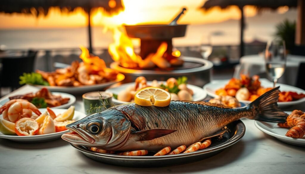 An elegant table setting featuring an array of freshly prepared seafood dishes, showcasing a whole grilled fish garnished with herbs and lemon slices in the foreground. Surrounding it are beautifully arranged sides of shrimp, scallops, and lobster, all artfully presented on plates. In the middle background, a rustic wood-grilled station with flames gently licking the seafood adds warmth and dynamism to the scene. The background features a softly blurred coastal sunset, casting a golden hue that enhances the freshness of the seafood. The lighting is warm and inviting, simulating a cozy restaurant ambiance, with a slight bokeh effect around the edges to focus attention on the food. The mood is luxurious yet approachable, perfect for seafood enthusiasts.