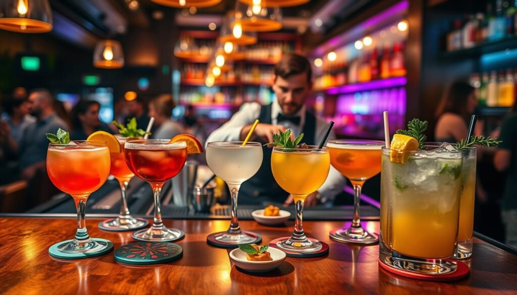 Vibrant and inviting scene showcasing an array of hand-crafted cocktails in elegant glasses, each uniquely decorated with garnishes like fresh herbs, citrus slices, and stylish straws. In the foreground, rich wooden bar top adorned with colorful drink coasters and small plates of appetizers. Middle ground features a skilled bartender mixing drinks, wearing smart casual attire, and engaging with patrons. Background filled with warm, ambient lighting, creating a cozy, upscale atmosphere in a bustling venue. Soft focus on ambient decorations like hanging glass bottles and shelves lined with spirits. Overall mood is lively and social, capturing the essence of a vibrant cocktail hour.